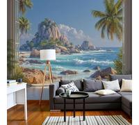 pdghsdkgjh Wallpaper Natural Rocks Palm Trees, Photo Wallpaper Tropical Beach, Non-Woven Wallpaper for Bedroom Living Room, Blue Wall Decor Wallpaper, Wall Covering, 200cm x 140cm