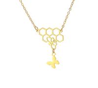 PDOUSELF Bee Necklace for Women Stainless Steel Necklace with Honeycomb Bee Charm Butterfly Pendant, 20, Stainless Steel, No Gemstone