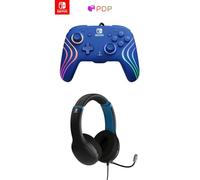 PDP Afterglow Wave Wired Nintendo Switch Pro Controller with Customizable LED, Officially Licensed by Nintendo: Blue + AIRLITE Wired Headset (Moonlight Black/Blue)