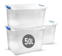 PDS 10x 50 Litre Storage Boxes with Lids - Clip Lock Lid - Clear Plastic Container Boxes Use for Home, office, Kitchen - Multipurpose Plastic Box Ideal For Multipurpose Storage (10)