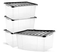 PDS 5x 50L Clear Plastic Storage Boxes with Black Lids - Modern, Stackable, Space-Saving, Lockable, Home & Office Organization
