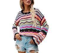 PDYLZWZY Autumn Winter Women's Striped Colour Block Short Pullover Long Flared Sleeves Crew Neck Casual Loose Knitted Pullover Tops Hollow Out Knitwear, black, M
