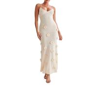 PDYLZWZY Women Knitted Cami Long Dress Sleeveless Open Back V Neck Back Cross Tie 3D Floral Maxi Dress Spaghetti Strap Neckline Bodycon Dress, apricot, S