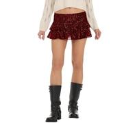 PDYLZWZY Women Sequin Skirt Glitter Cute High Waist Ruffle Flowy Shiny Sparkly Short Mini Skirts Night Out Club Party, burgundy, XL