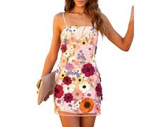 PDYLZWZY Women Summer 3D Floral Embroidery Backless Cocktail Party Mini Dress Spaghetti Strap Sleeveless Club Pencil Dress, pink, M