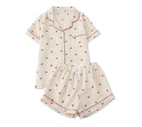 PDYLZWZY Women's Cherry Print Short Sleeve Loose Tops and Shorts Sleepwear Loungewear Outfits 2 Piece Pajama Set, beige, M
