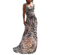 PDYLZWZY Women's Cowl Neck Split Long Dress Mesh Zebra Stripe Leopard Print Summer Backless Party Dress Spaghetti Strap Cocktail Maxi Dress, Black White, L