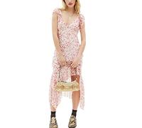 PDYLZWZY Women's Irregular Ruffle Hem 3D Floral Tassels Long Dress Short Sleeve V-Neck Mesh Midi Dress Floral Print High Split Party Dress, red, L