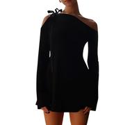 PDYLZWZY Women's Long Sleeve Asymmetric Dress Off Shoulder Boat Neck Ruffled Mini Cocktail Dresses, black, S