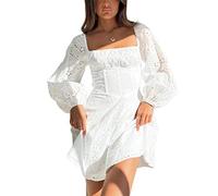 PDYLZWZY Women's Puff Sleeves Lace Mini Dress Bodycon Square Neck Smocked Ruffle Short Dress Low Cut Ruched Party Y2k Dresses, White, S