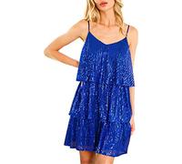 PDYLZWZY Women's Spaghetti Strap Sequin Mini Dress Party Night Sexy V-Neck Glitter Layered Fringe Dress Sleeveless Glitter Shiny Striped Cake Dress, blue, M