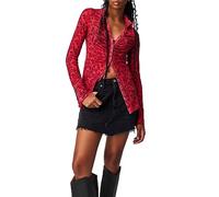 PDYLZWZY Women's Y2K Button Down Shirt Casual Blouse with Floral Print and Ruffled Long Sleeves Equipped Mesh Work Tops 90s Aesthetic Streetwear, red, Large