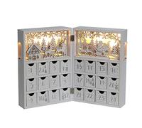 PE Christmas Wooden Advent Calendar Book with Drawers and LED, Reusable Christmas Countdown Wooden Advent Calendar with Village Forest Reindeer Scene (White&Gold)