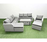 PE Rattan 3 Seater Sofa Reclining Chair Set with Footstool Side Table Fimous Light Grey One Size