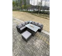Fimous Outdoor PE Rattan Garden Corner Furniture Gas Fire Pit Table Sets Gas Heater Lounge Big Footstool Dark Grey 7 Seater