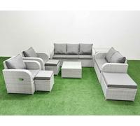 PE Rattan Garden Furniture Set Adjustable Chair Sofa Double Love Seat 2 Seater Sofa Lounge Set Square Coffee Table 3 Stools Side Table Light Grey Fimous Light Grey One Size