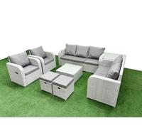PE Rattan Garden Furniture Set Adjustable Chair Sofa Double Love Seat 2 Seater Sofa Lounge Set Square Coffee Table 2 Stools Side Table Light Grey Fimous Light Grey One Size