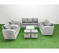 PE Rattan Garden Furniture Set Adjustable Chair Sofa Double Love Seat 2 Seater Sofa Lounge Set Square Coffee Table 2 Stools 2 Side Table Light Grey Fimous Light Grey One Size