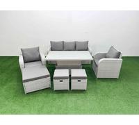 PE Rattan Garden Furniture Set Reclining Chair Sofa Lounge Sofa Set Adjustable Lifting Dining or Coffee Table 3 Stools Light Grey Fimous Light Grey One Size