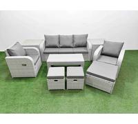 Fimous PE Rattan Garden Furniture Set Reclining Chair Sofa Lounge Sofa Set Rectangular Coffee Table 2 Side Table 3 Stools Light Grey