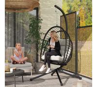 Outsunny Outdoor PE Rattan Swing Chair with Foldable Basket and Cushion, Garden Patio Hanging Egg Chair with Metal Stand, Headrest for Indoor and Outdoor, Black