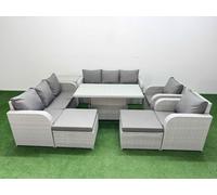 PE Rattan High Back Lounge Sofa Set Patio Adjustable Lifting Dining or Coffee Table & Chairs Set with 3 Seater Sofa Reclining Chair 2 Big Footstool Si Fimous Light Grey One Size