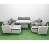 PE Rattan High Back Lounge Sofa Set Patio Adjustable Lifting Dining or Coffee Table & Chairs Set with 3 Seater Sofa Reclining Chair 3 Stools Light Gre Fimous Light Grey One Size
