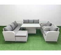 Fimous PE Rattan High Back Lounge Sofa Set Patio Adjustable Lifting Dining or Coffee Table & Chairs Set w/ 3 Seater Sofa Reclining Chair Big Fimous Light Grey