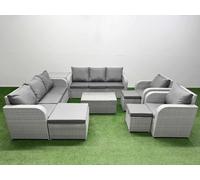 Fimous PE Rattan High Back Lounge Sofa Set Patio Coffee Table & Chairs Set with 3 Seater Sofa Reclining Chair 3 Stools Side Table Light Grey