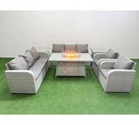 PE Rattan High Back Lounge Sofa Set Patio Firepit Dining Table & Chairs Set with 3 Seater Sofa Reclining Chair 2 Side Table Light Grey Fimous Light Grey One Size