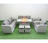 PE Rattan High Back Lounge Sofa Set Patio Firepit Dining Table & Chairs Set with 3 Seater Sofa Reclining Chair Stools 2 Side Table Light Grey Fimous Light Grey One Size