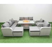 Fimous PE Rattan High Back Lounge Sofa Set Patio Firepit Dining Table & Chairs Set with 3 Seater Sofa Reclining Chair 2 Big Footstool Light Grey