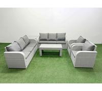 Fimous PE Rattan High Back Lounge Sofa Set Patio Oblong Coffee Table & Chairs Set with 3 Seater Sofa Reclining Chair Side Table Light Grey