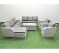 Fimous PE Rattan High Back Lounge Sofa Set Patio Oblong Coffee Table & Chairs Set with 3 Seater Sofa Reclining Chair 3 Stools 2 Side Table Light Grey