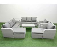 Fimous Light Grey PE Rattan High Back Lounge Set - Oblong Coffee Table, 3-Seater Sofa, Reclining Chair & 2 Big Footstools