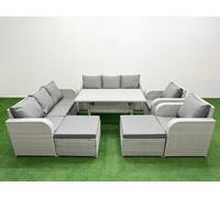Fimous PE Rattan High Back Lounge Sofa Set Patio Rectangular Dining Table & Chairs Set with 3 Seater Sofa Reclining Chair 2 Big Footstool Light Grey