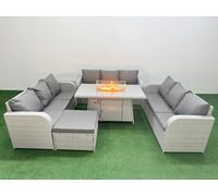 PE Rattan Lounge Sofa Set 10 Seater Outdoor Garden Furniture Set with Firepit Dining Table 3 Seater Sofa Big Footstool Side Table Light Grey Fimous Light Grey One Size