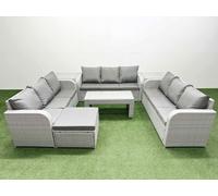 Fimous PE Rattan Lounge Sofa Set 10 Seater Outdoor Garden Furniture Set with Oblong Coffee Table 3 Seater Sofa Big Footstool 2 Side Table Light Grey