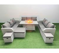 PE Rattan Lounge Sofa Set 12 Seater Outdoor Garden Furniture Set with Firepit Dining Table 3 Seater Sofa 3 Stools Side Table Light Grey Fimous Light Grey One Size