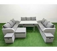 Fimous PE Rattan Lounge Sofa Set 12 Seater Outdoor Garden Furniture Set with Rectangular Dining Table 3 Seater Sofa 3 Stools Light Grey