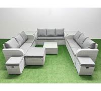 PE Rattan Lounge Sofa Set 12 Seater Outdoor Garden Furniture Set with Square Coffee Table 3 Seater Sofa 3 Stools 2 Side Table Light Grey Fimous Light Grey One Size
