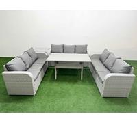Fimous PE Rattan Lounge Sofa Set 9 Seater Outdoor Garden Furniture Set with Rectangular Dining Table 3 Seater Sofa Side Table Light Grey