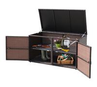 PE Rattan Outdoor Storage Box 330L, 2-Tier with Lid & Front Doors, Brown - All-Weather Wicker Deck Box with Sturdy Metal Frame