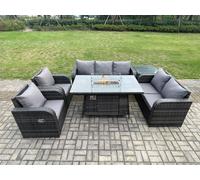PE Wicker Outdoor Rattan Garden Furniture Set Propane Gas Fire Pit Table and Sofa Chair set with Side Table 7 Seater Fimous Dark Grey One Size