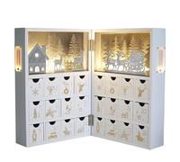 PE Wooden Christmas Advent Calendar Book with LED-lit Winter Forest Scene - 24 Drawer Countdown with Fine Silver Reindeer & Snow Design - Decorative & Functional Gift Storage for Kid