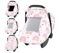 Pea Pod Car Seat Cover Baby, Infant Car Seat Canopy Covers with 2 Layers Windows of Breathable Mesh Fabric, Lightweight Polyester, Soft Minky Dot Backing (Rainbow & Floral Pattern)