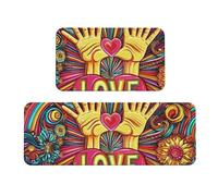 Peace And Love Art Style Rug Cushioned Kitchen Rugs Sets Of 2 Comfort Standing Mat For Home Decor Sink,Kitchen Mats For Floor Non Slip Washable ，Laundr 17"X47"+17"X30"