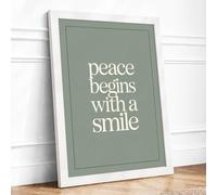 Peace Begins With A Smile Minimalist Framed Wall Art Print A2 (59.4×42cm) White, Wall Decor for Living Room, Bedroom, Office & Home, Ready to Hang, Art Gift