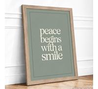 Peace Begins With A Smile Minimalist Framed Wall Art Print A3 (42×29.7cm) Oak, Wall Decor for Living Room, Bedroom, Office & Home, Ready to Hang, Art Gift