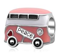 Peace Bus Charms, 925 Sterling Silver Pink Enamel Campervan Mini Car Beads, London Double Decker Bus Charm, fit Pandora Travel Retirement Bracelet, Gifts for Auntie/Niece/Cousin/Son